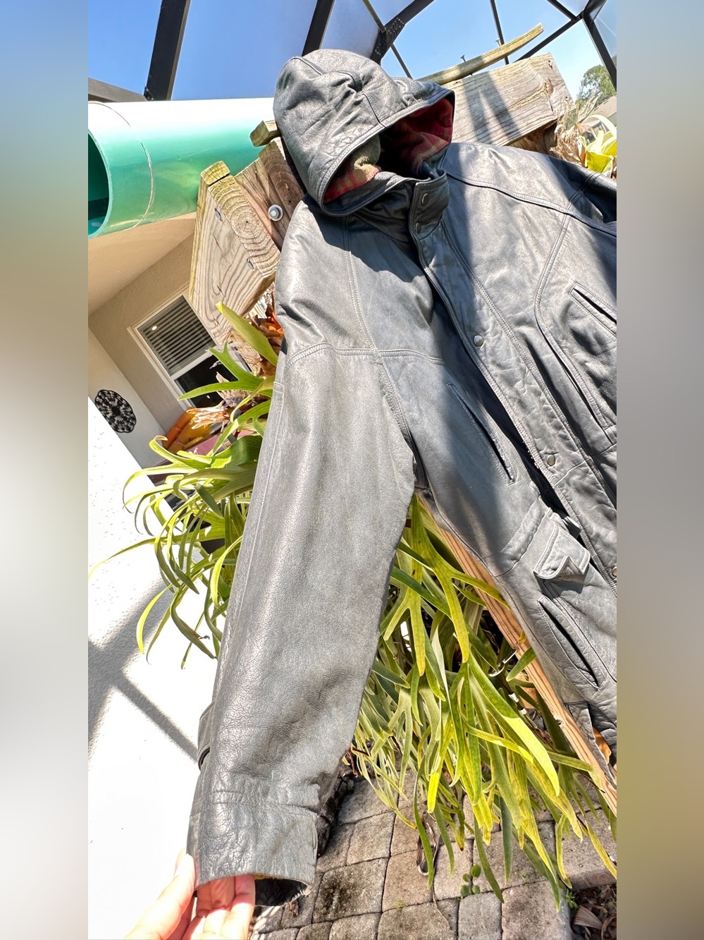 vintage 1990s IOU Leather Collection  genuine leather hooded parka coat Sz M - Picture 8 of 14